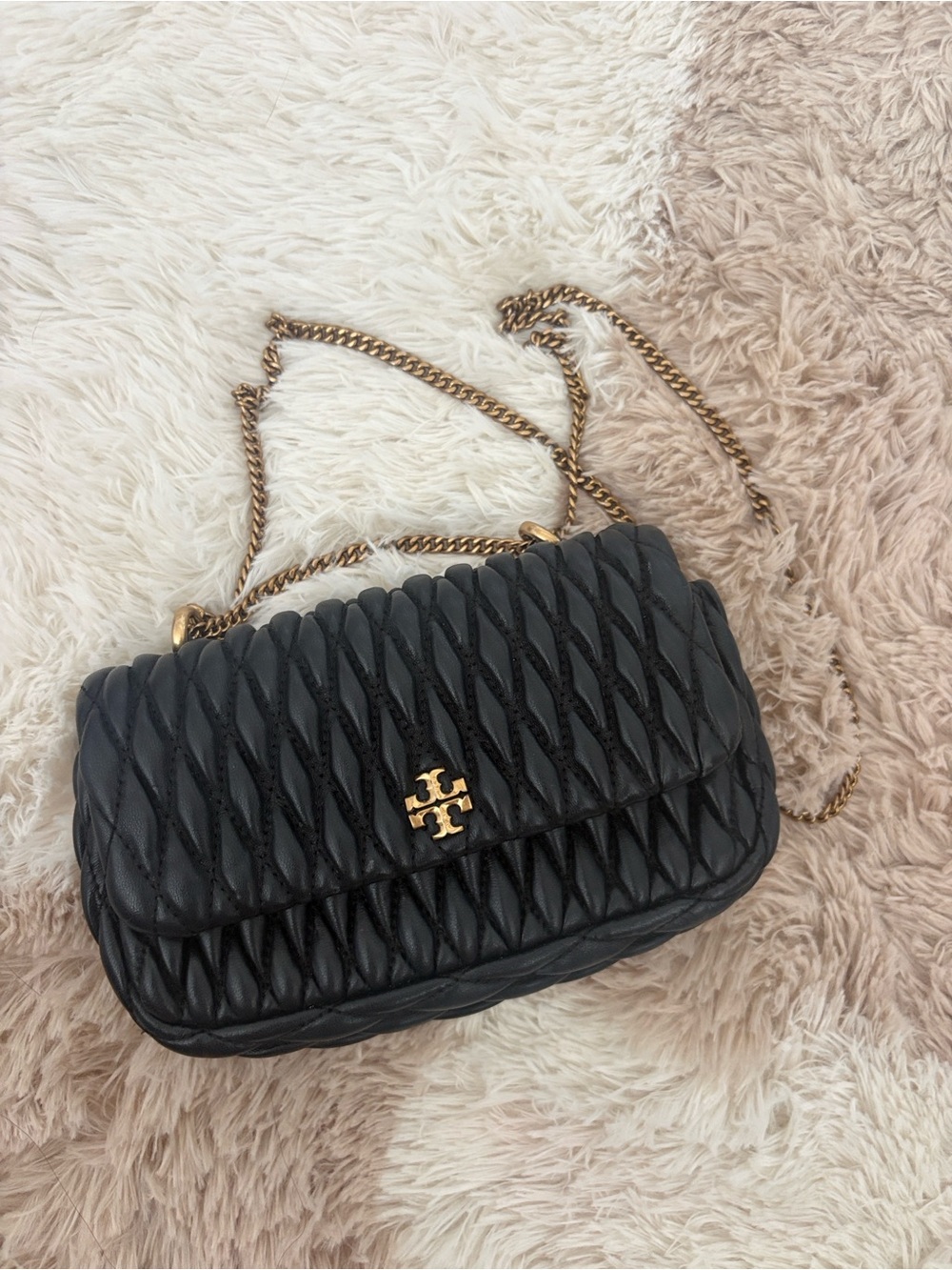 Tory Burch Quilted Black Leather Chain Shoulder mini Kira rouched flap Bag